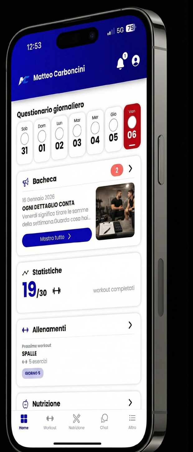 Dashboard cliente CoachPlus con allenamenti e statistiche